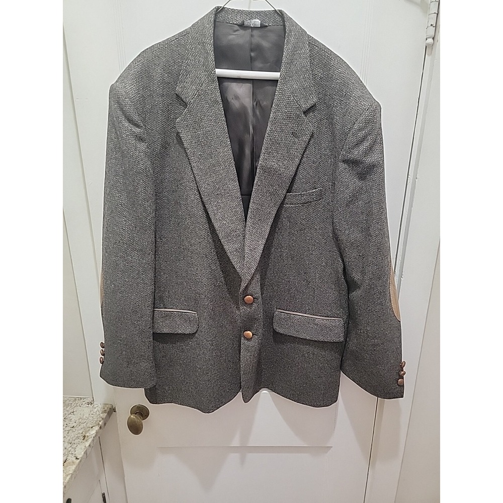 Amana Woolen Mills USA Mens 48R Wool Brown Tweed Blazer Leather Trim Vintage